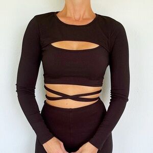 SHEIN black cut out lace up crisscross tie long sleeve bodycon crop top small